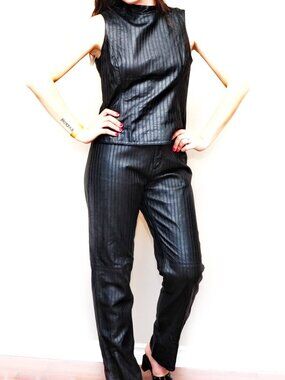2 pc Sexy Sleeveless Black Leather Pinstripe Pant Suit Sz 10/14